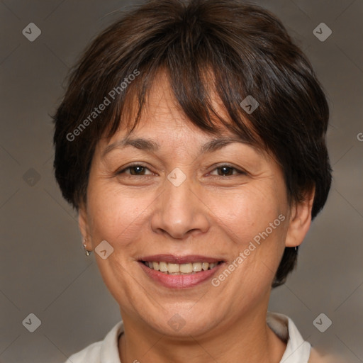 Joyful white adult female with short  brown hair and brown eyes