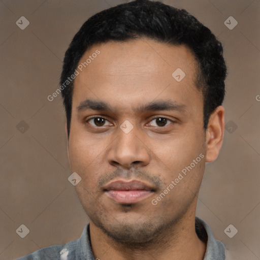 Neutral latino young-adult male with short  black hair and brown eyes