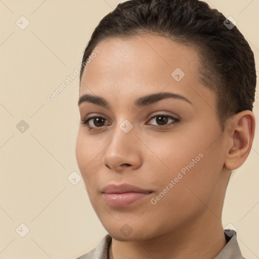 Neutral white young-adult female with short  brown hair and brown eyes