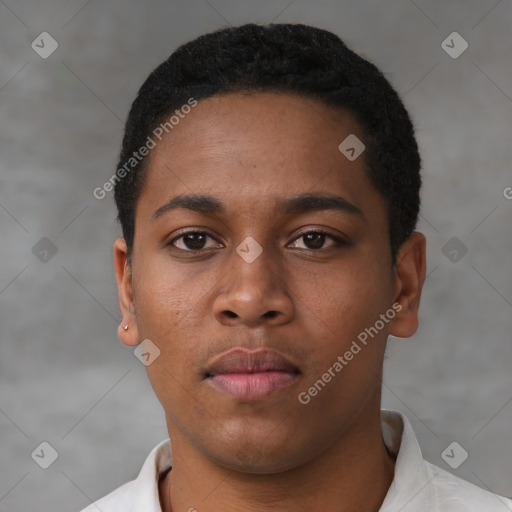 Neutral black young-adult male with short  black hair and brown eyes