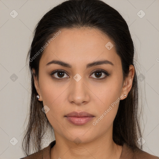 Neutral white young-adult female with long  brown hair and brown eyes