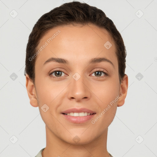 Joyful white young-adult female with short  brown hair and brown eyes