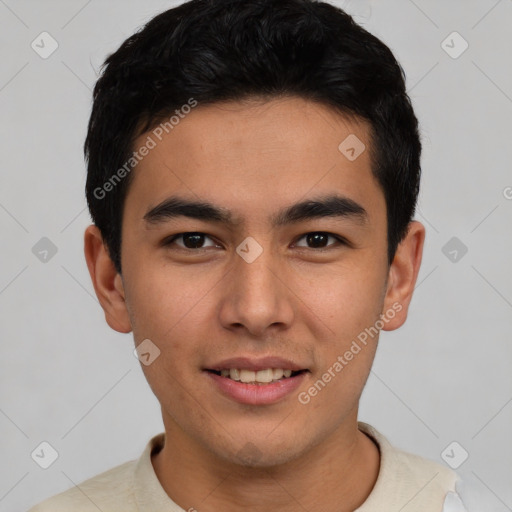 Joyful asian young-adult male with short  black hair and brown eyes