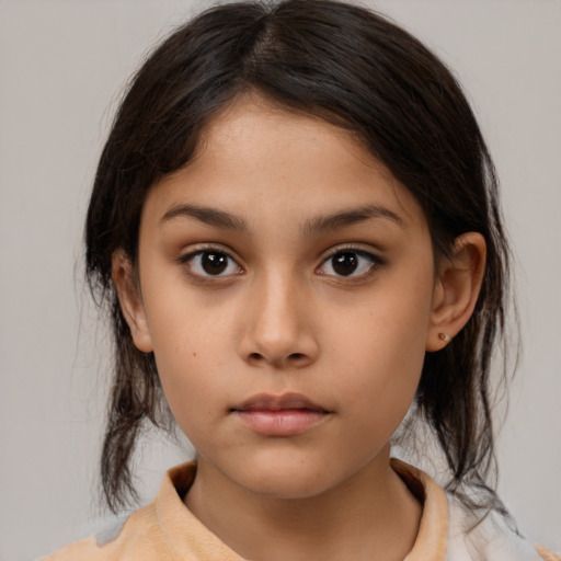 Neutral latino child female with medium  brown hair and brown eyes