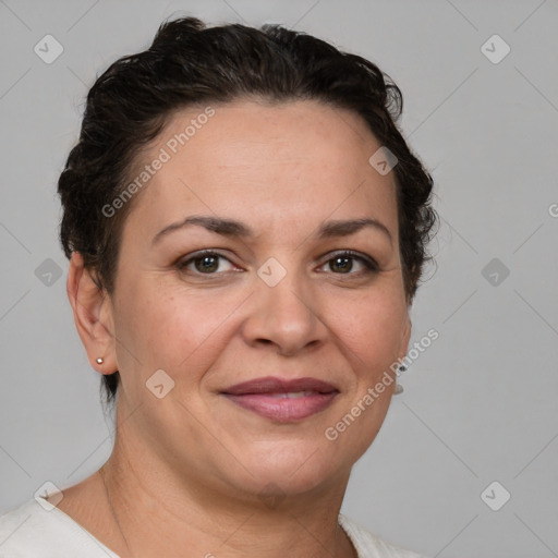 Joyful white adult female with short  brown hair and brown eyes