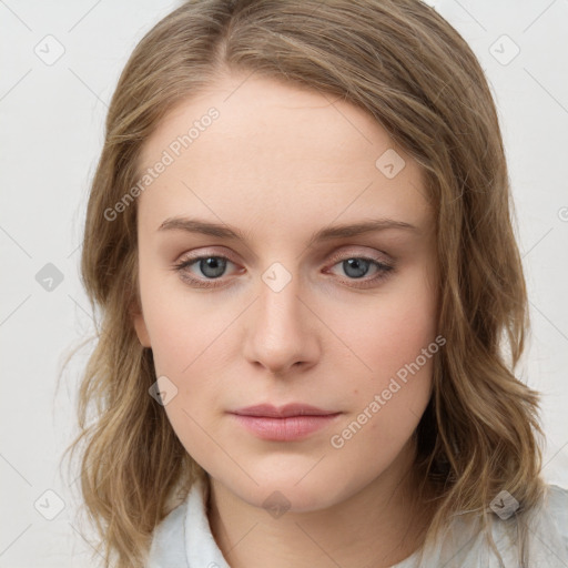 Neutral white young-adult female with medium  brown hair and blue eyes