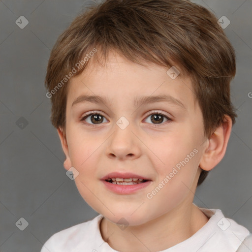 Joyful white child male with short  brown hair and brown eyes