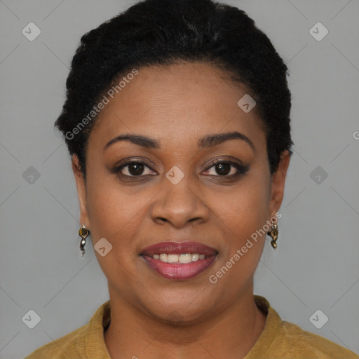 Joyful black young-adult female with short  brown hair and brown eyes