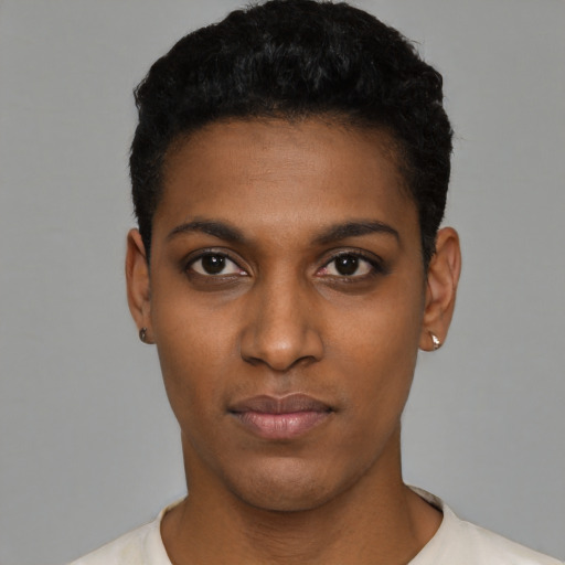 Neutral black young-adult female with short  black hair and brown eyes