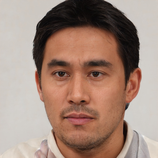 Neutral asian young-adult male with short  black hair and brown eyes