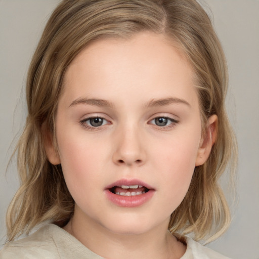 Neutral white child female with medium  brown hair and grey eyes