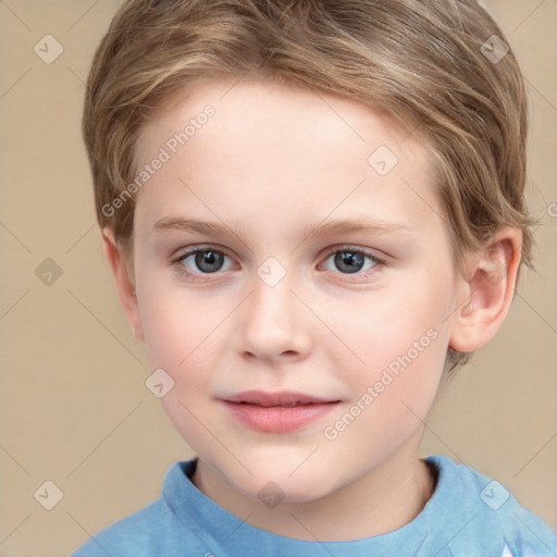 Joyful white child female with short  brown hair and grey eyes