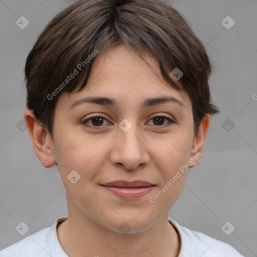 Joyful white young-adult female with short  brown hair and brown eyes