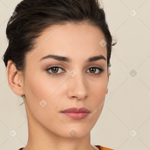 Neutral white young-adult female with short  brown hair and brown eyes