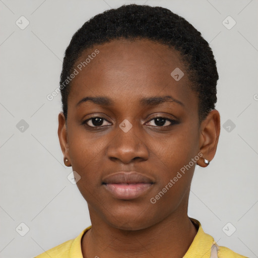 Neutral black young-adult female with short  black hair and brown eyes