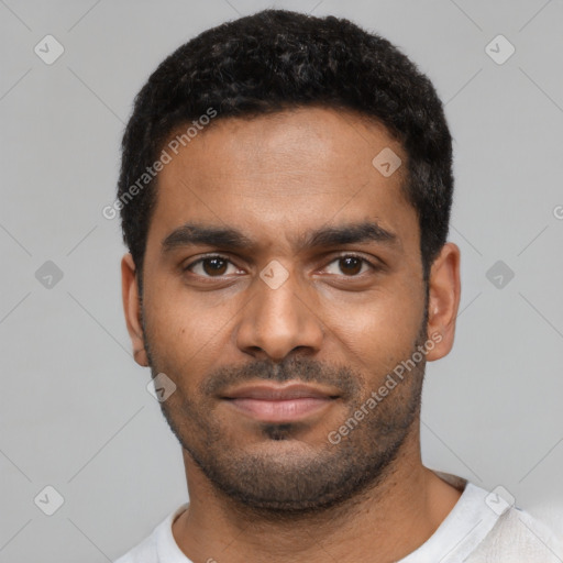 Neutral black young-adult male with short  black hair and brown eyes