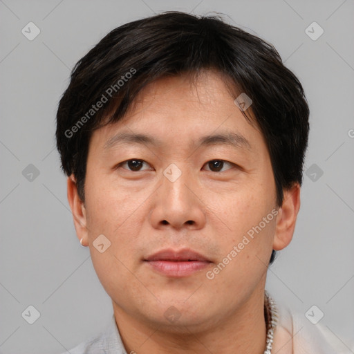 Neutral asian adult male with short  brown hair and brown eyes