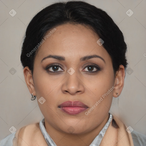 Joyful latino young-adult female with medium  brown hair and brown eyes