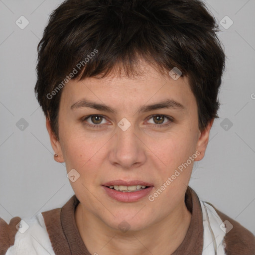 Joyful white young-adult female with short  brown hair and brown eyes