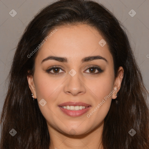 Joyful white young-adult female with long  brown hair and brown eyes