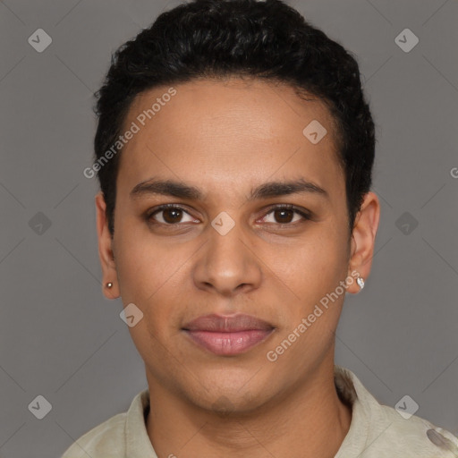 Joyful latino young-adult male with short  brown hair and brown eyes