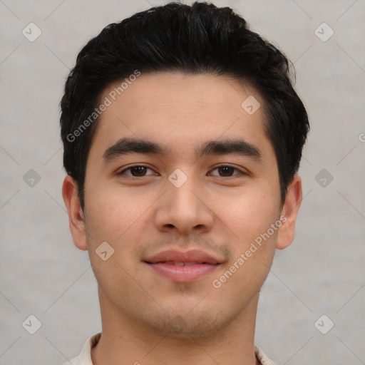 Neutral asian young-adult male with short  black hair and brown eyes