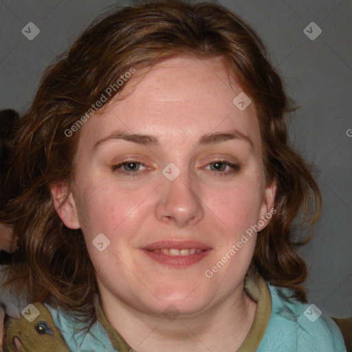 Joyful white young-adult female with medium  brown hair and blue eyes