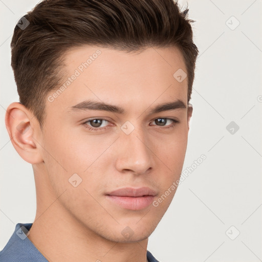 Neutral white young-adult male with short  brown hair and brown eyes