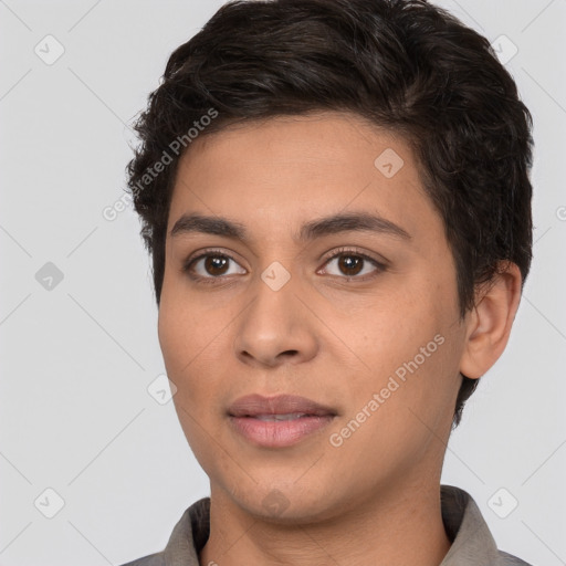 Joyful white young-adult female with short  brown hair and brown eyes