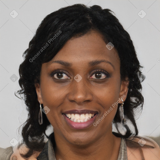 Joyful black young-adult female with medium  black hair and brown eyes