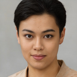 Neutral asian young-adult female with short  black hair and brown eyes