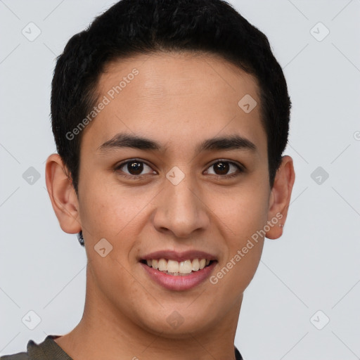 Joyful latino young-adult male with short  brown hair and brown eyes