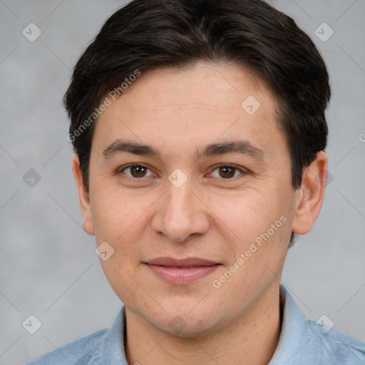 Joyful white adult male with short  brown hair and brown eyes