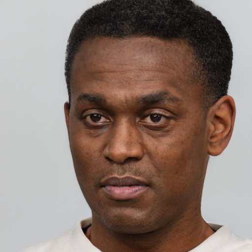 Neutral black adult male with short  black hair and brown eyes