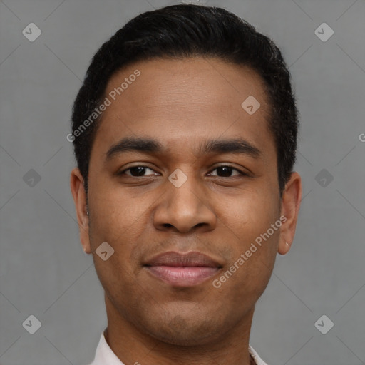 Joyful latino young-adult male with short  brown hair and brown eyes