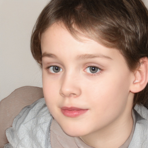 Neutral white child female with medium  brown hair and grey eyes