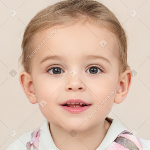 Joyful white child female with medium  brown hair and blue eyes