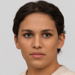 Neutral white young-adult female with short  brown hair and brown eyes