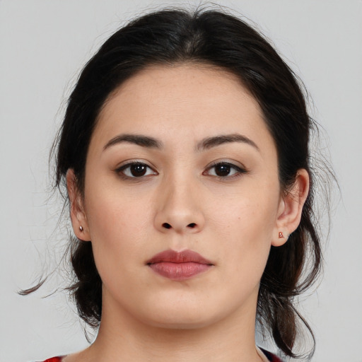 Neutral asian young-adult female with medium  brown hair and brown eyes