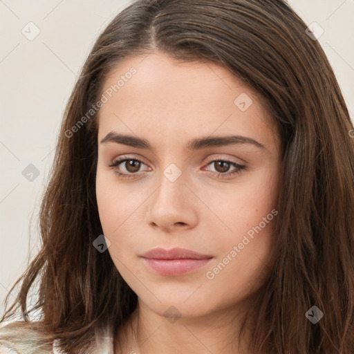 Neutral white young-adult female with long  brown hair and brown eyes