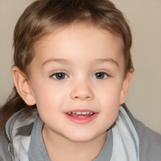 Joyful white child female with short  brown hair and brown eyes