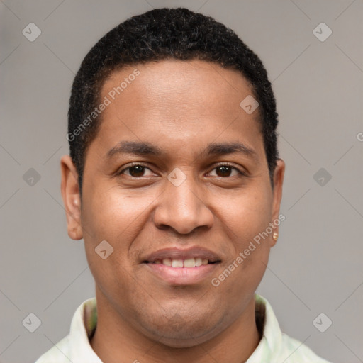 Joyful latino young-adult male with short  brown hair and brown eyes