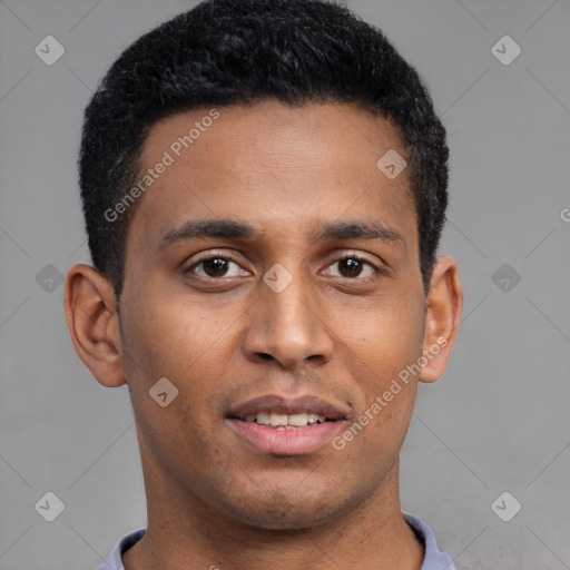 Neutral latino young-adult male with short  brown hair and brown eyes