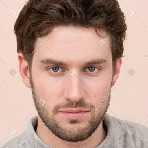 Neutral white young-adult male with short  brown hair and grey eyes