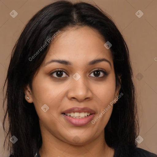 Joyful latino young-adult female with long  brown hair and brown eyes