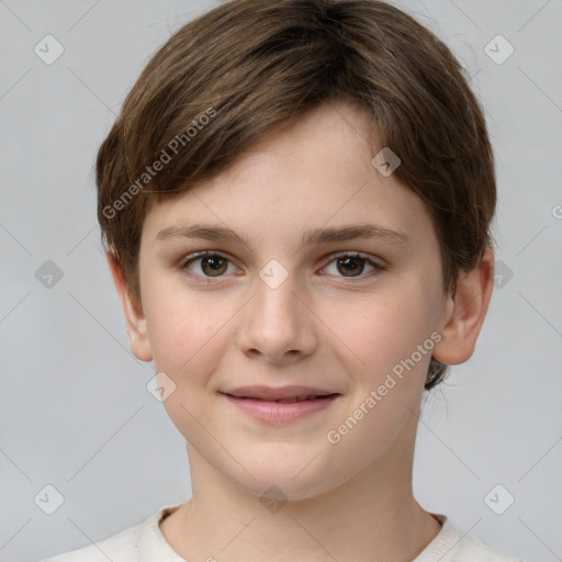 Joyful white child female with short  brown hair and brown eyes