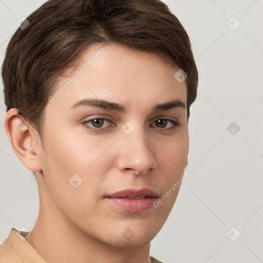 Neutral white young-adult female with short  brown hair and brown eyes