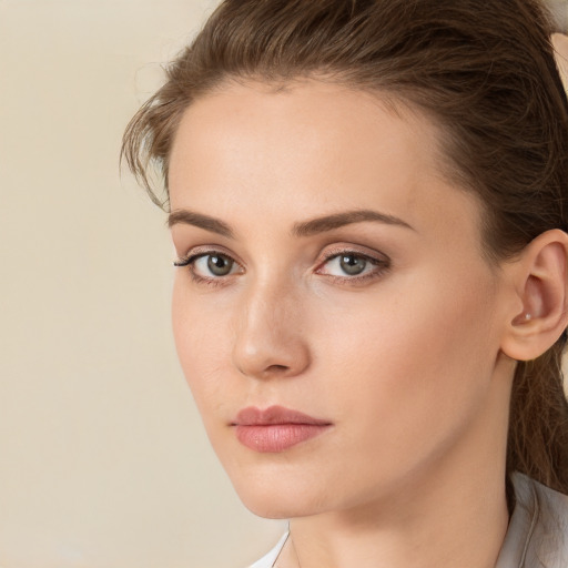 Neutral white young-adult female with long  brown hair and grey eyes