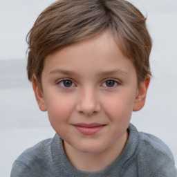 Joyful white child female with short  brown hair and grey eyes