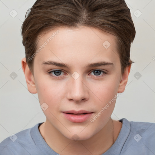 Joyful white child female with short  brown hair and brown eyes